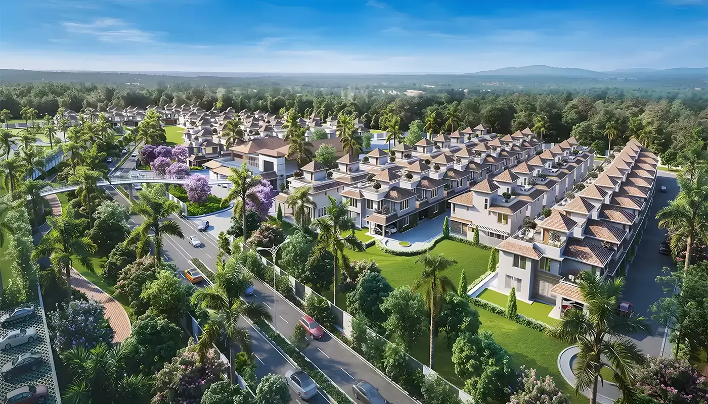 Aerial view of the Prestige Springwood townhouse community, Devanahalli